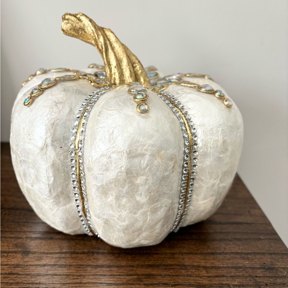 🤍🎃 Shabby Chic Embellished Capiz Shell White Pumpkin - Picture 7 of 9